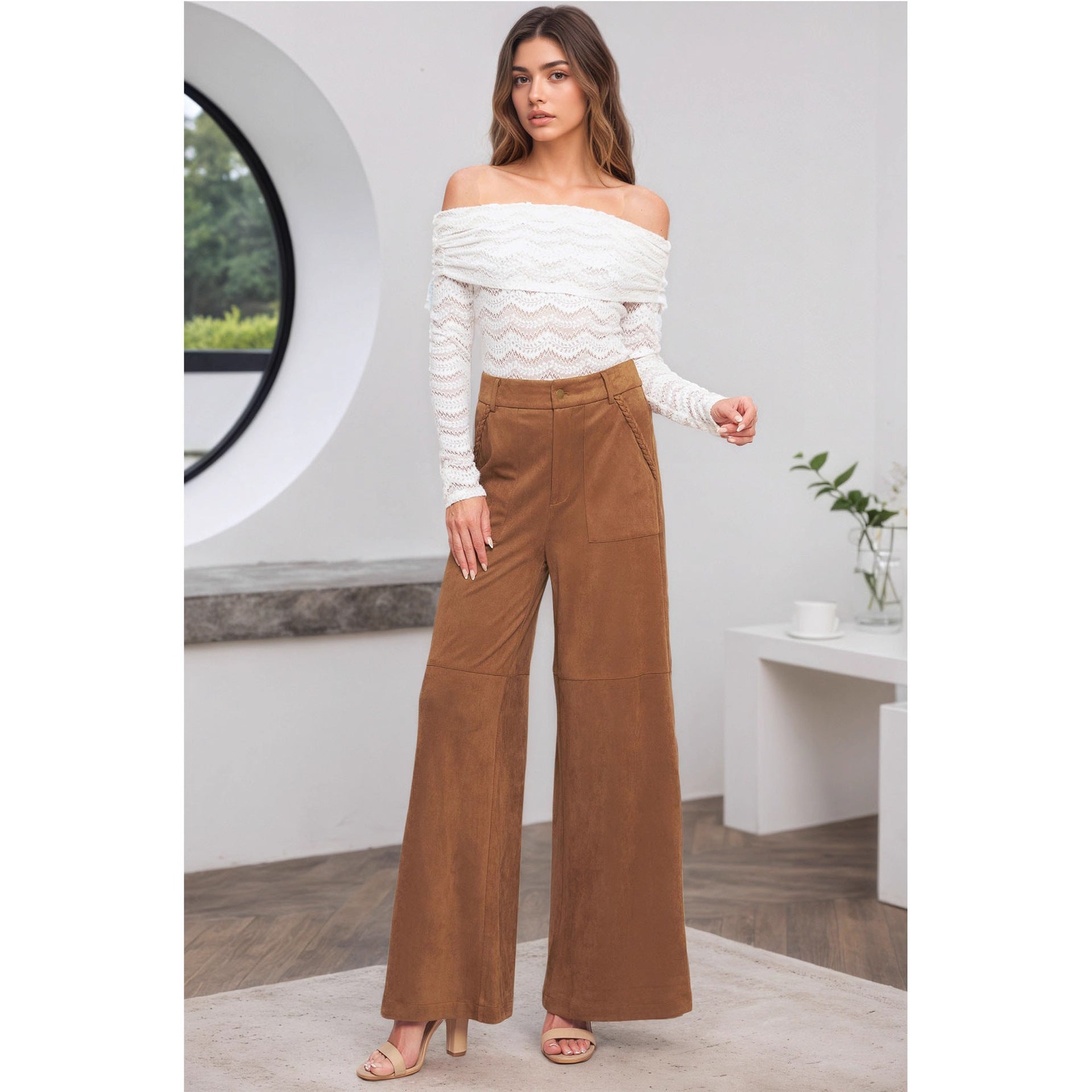 Autumn Winter Suede Outer Single Women Pants High Waist Double Pocket Design Casual Straight Leg Wide Leg Pants