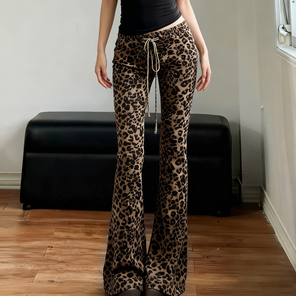 Sexy Leopard Print Drawstring Casual Pants Women Street Trendy Thin Looking Bootcut Pants