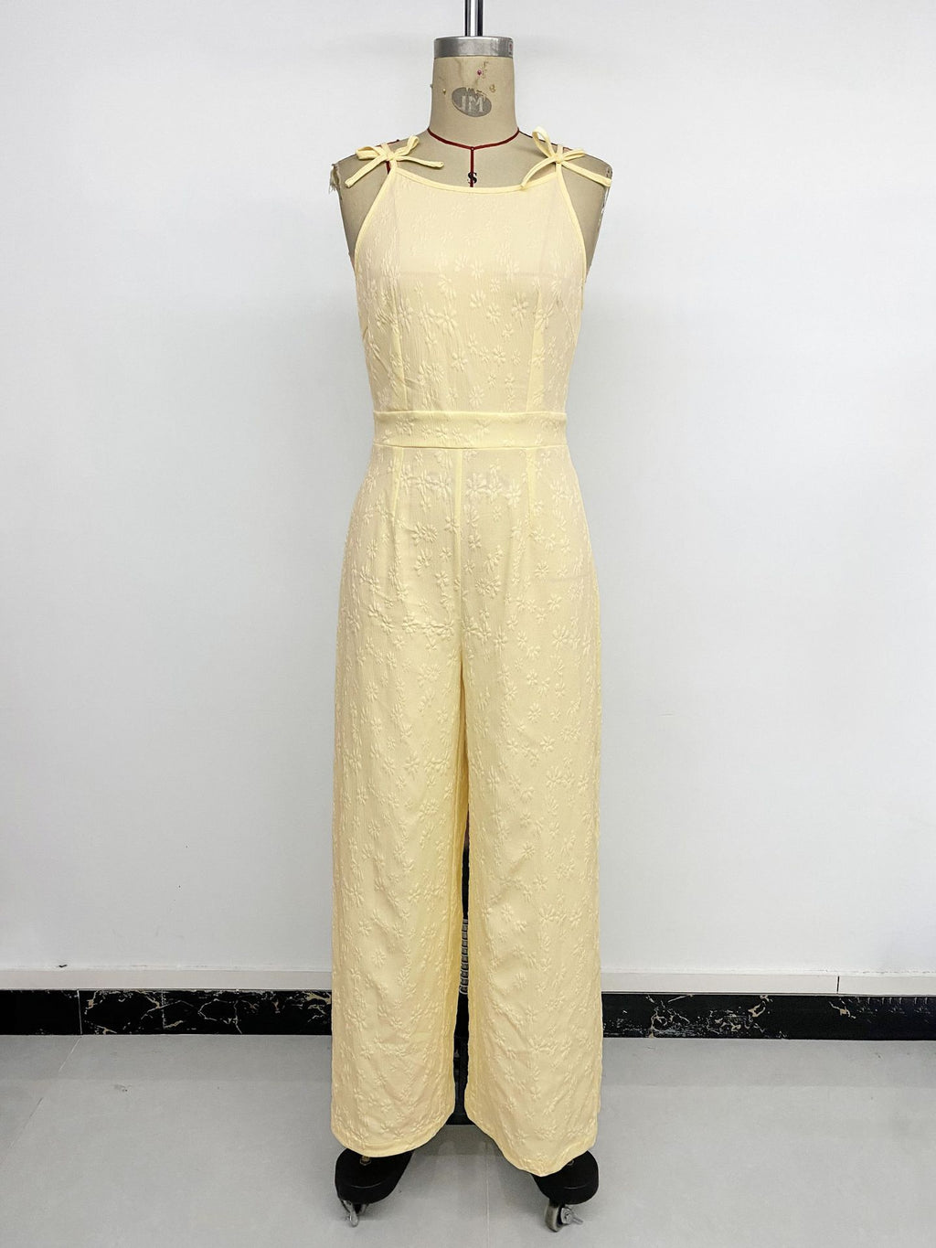 Summer Elegant Sleeveless Bow Lace up Jacquard Long Jumpsuit Women Clothing