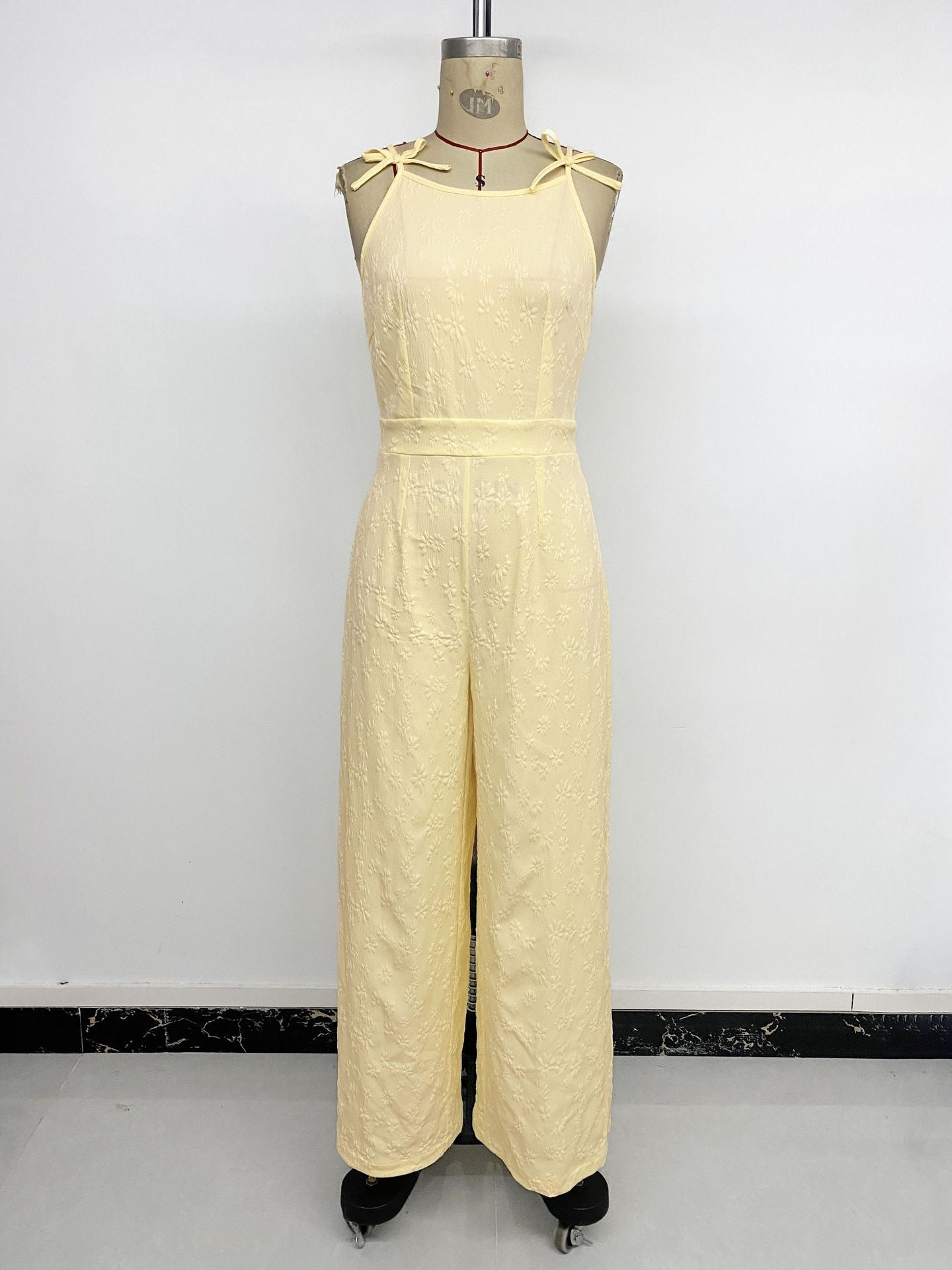 Summer Elegant Sleeveless Bow Lace up Jacquard Long Jumpsuit Women Clothing
