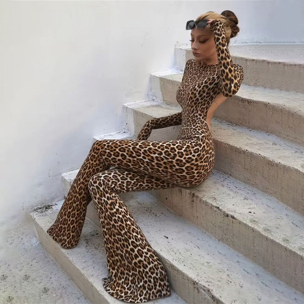 Spring Women Clothes Personality round Neck High Waist Slim Fit Backless Leopard Print Long Sleeve Jumpsuit Women