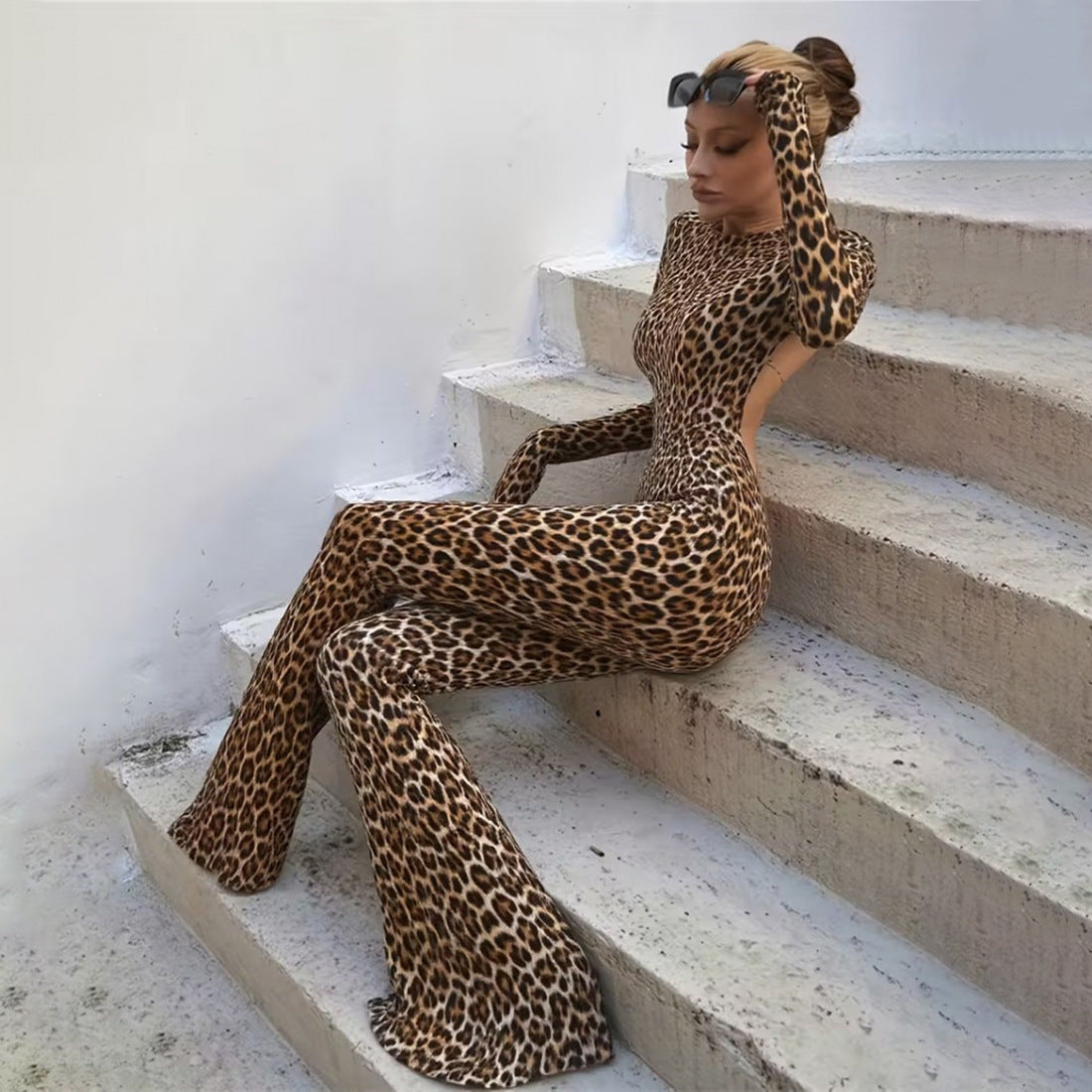 Spring Women Clothes Personality round Neck High Waist Slim Fit Backless Leopard Print Long Sleeve Jumpsuit Women