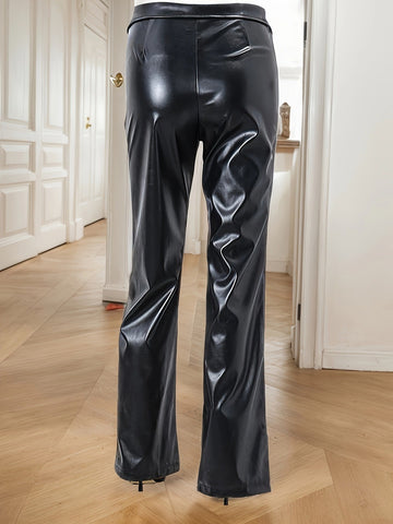 Women High Waist Trousers Faux Leather Nightclub Metal Zipper Straight Leather Pants Winter