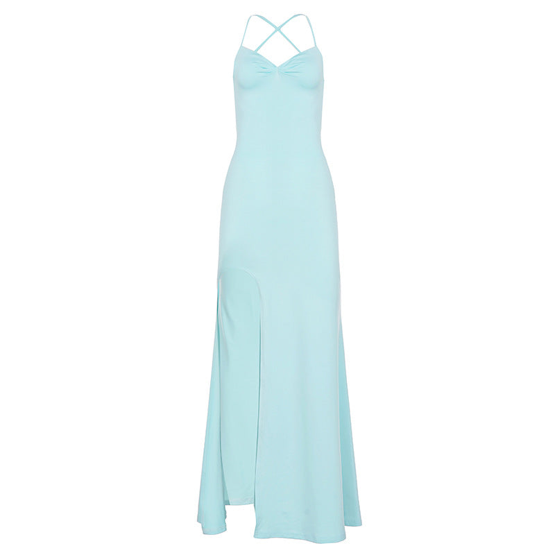 Cancun Bare Back Lace up Bow Solid Color Fold Split Design Dress