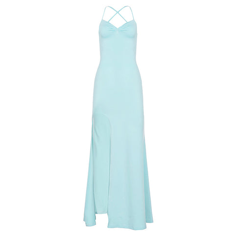 Cancun Bare Back Lace up Bow Solid Color Fold Split Design Dress