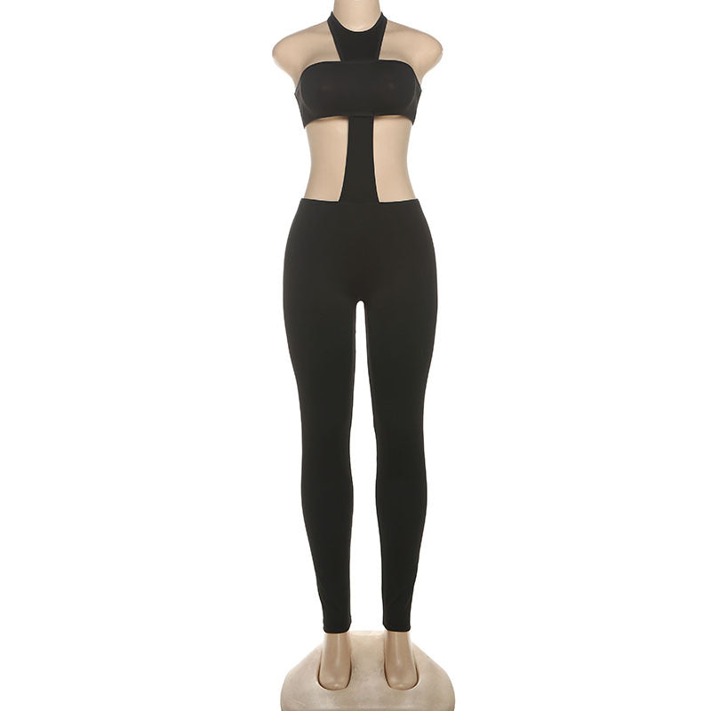 Autumn Sexy Cropped Outfit Halter Tight Fitting Solid Color Personalized One Piece Jumpsuit Women
