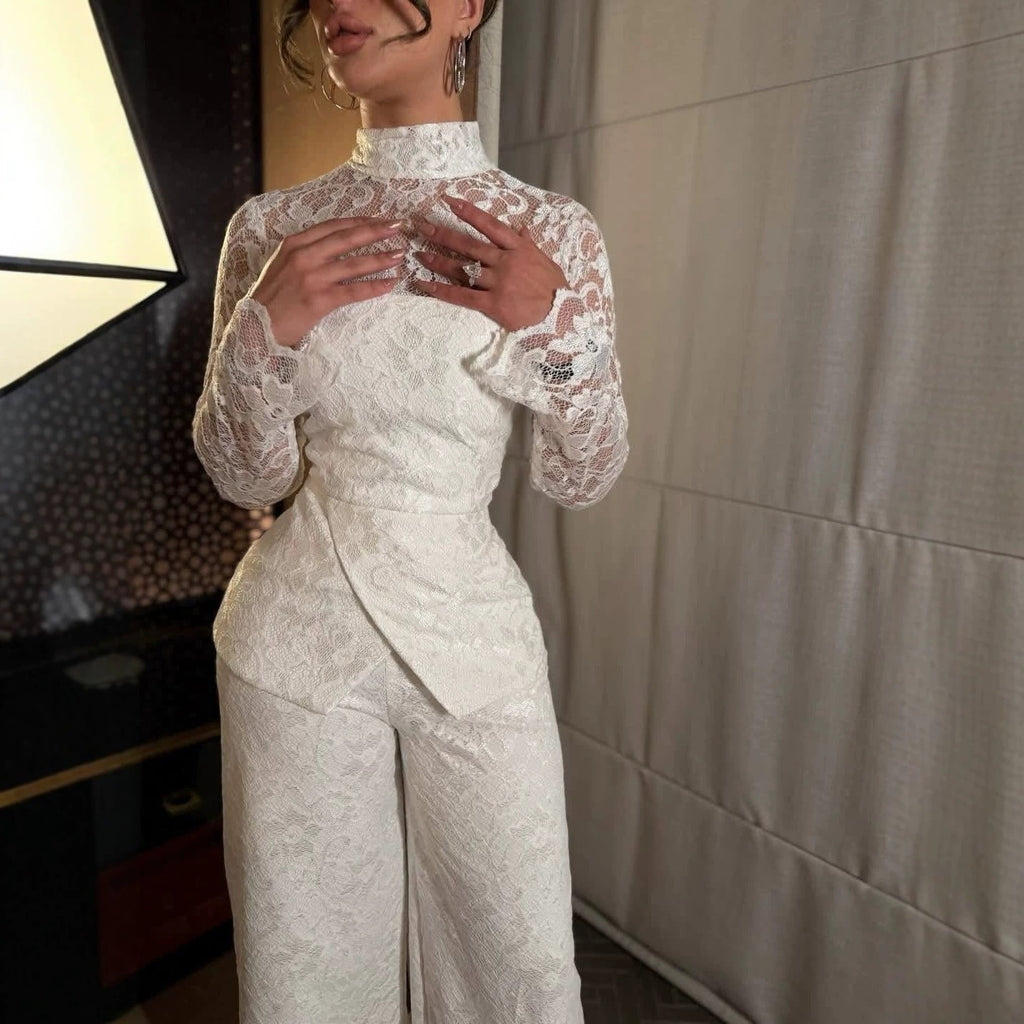 Spring Summer French Sexy Lace Patchwork Turtleneck Long Sleeve Jumpsuit