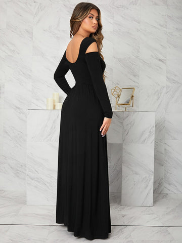 Texas Classic Solid Cutout Elegant V Neck Split Maxi Dress