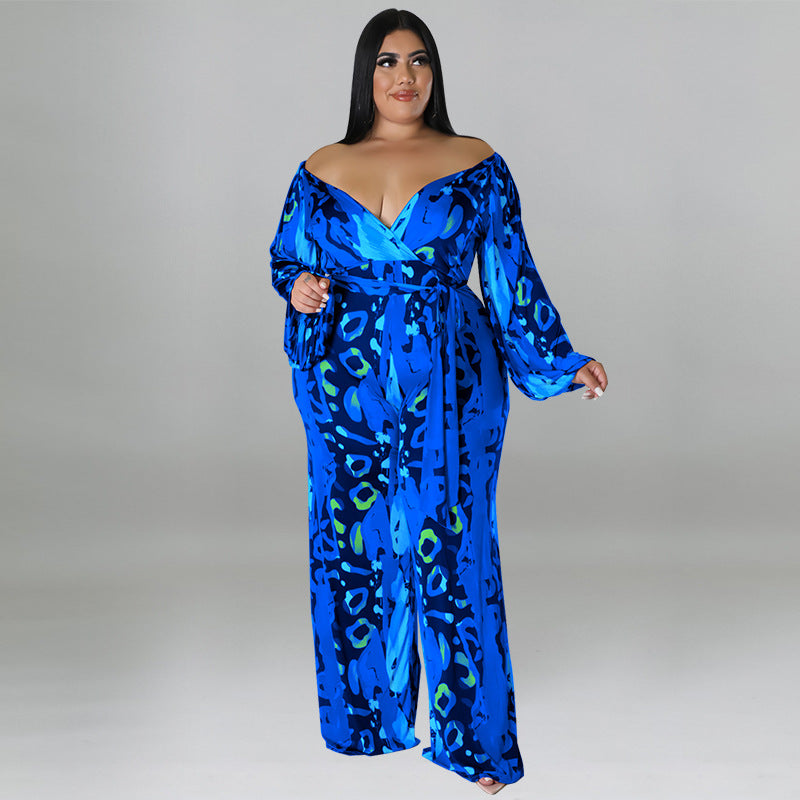 plus Size Women Clothing Autumn Printed Sexy off the Shoulder Long Sleeve Jumpsuit