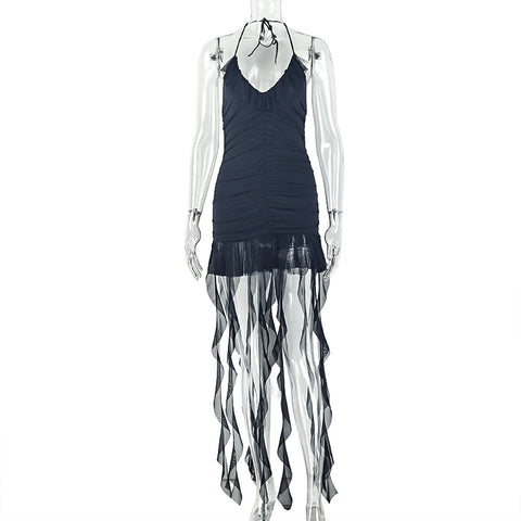 Cancun Sexy Waist Trimming Halter Hip Dress V neck Solid Color Mini Dress