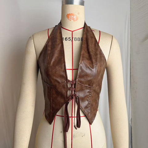 Sexy Low Cut Solid  Halter Lace up Leather