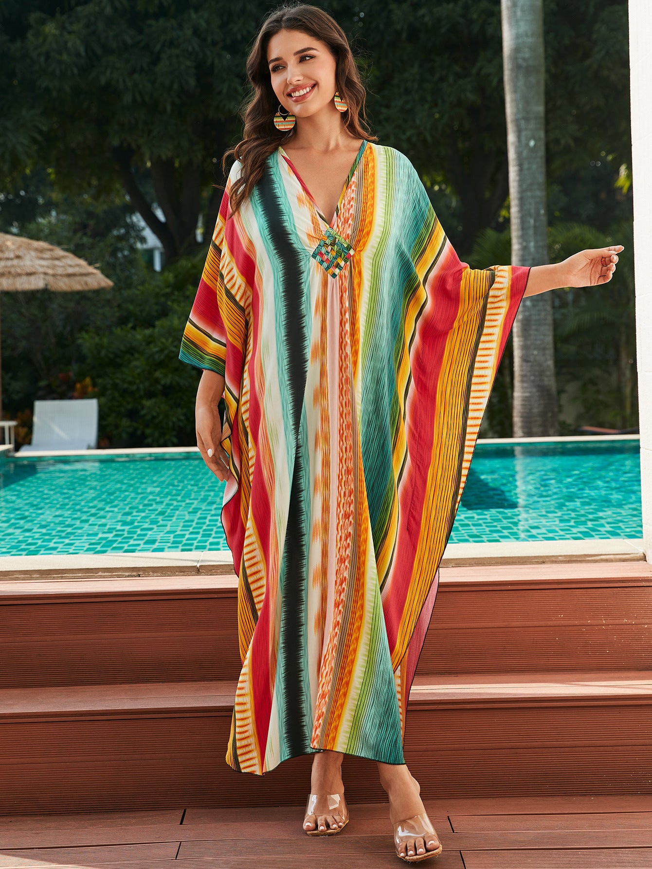 Rayon Print Holiday Loose plus Size Maxi Beach Jumpsuit Robe Women Beach Cover Up