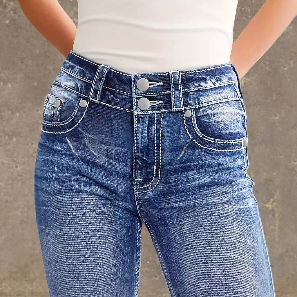 Spring Summer Back Pocket Embroidered Jeans Double Button Slimming Stretch Denim Trousers
