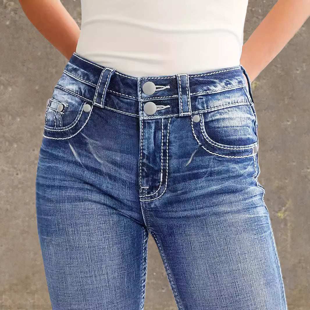 Spring Summer Back Pocket Embroidered Jeans Double Button Slimming Stretch Denim Trousers