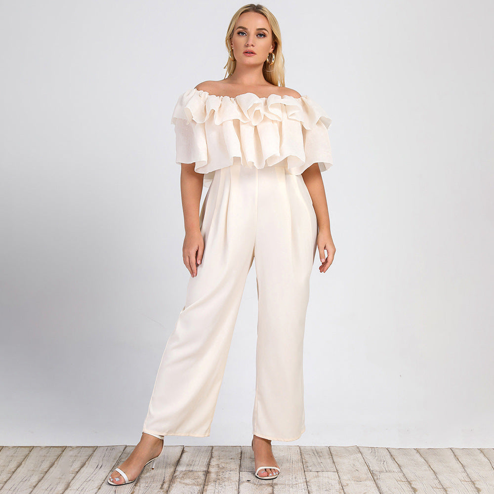 Plus Size Women Clothing Summer New Lotus Edge off-Shoulder Solid Straight-Leg Office Casual Jumpsuit
