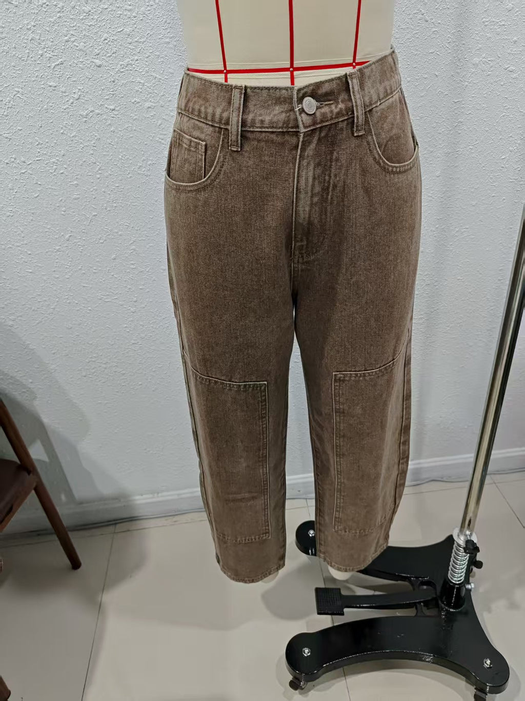 Women Barrel Jeans Wide Leg Loose Casual Cropped Jeans Dark Brown Denim