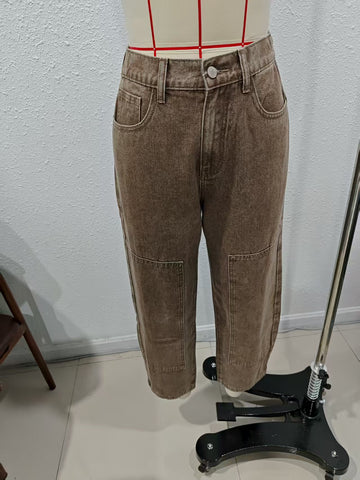 Women Barrel Jeans Wide Leg Loose Casual Cropped Jeans Dark Brown Denim
