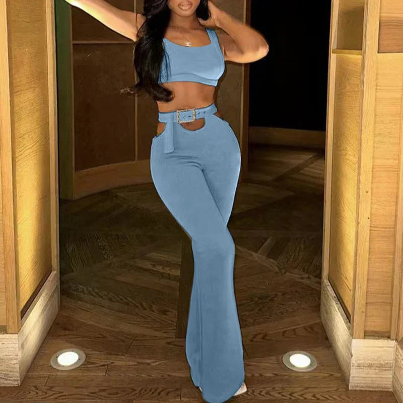 Oyster Bay Cutout Waist with Belt Wide Leg Flare Outfits Two Piece Set