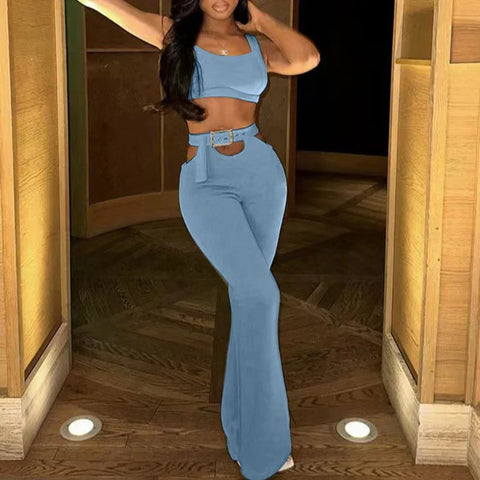 Oyster Bay Cutout Waist with Belt Wide Leg Flare Outfits Two Piece Set