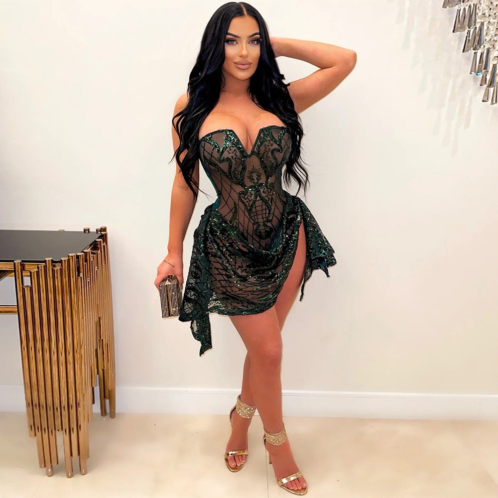 Damajagua Sexy V Neck Tube See Through Sequined Dress