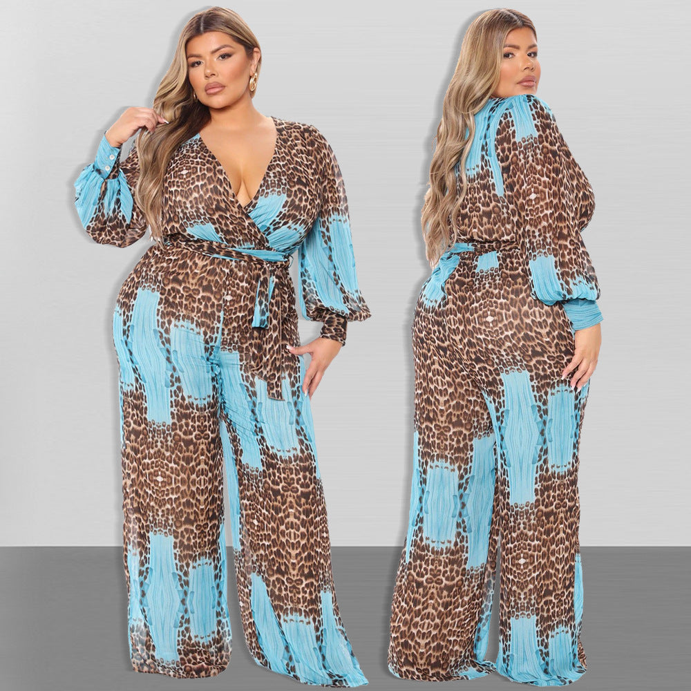 Plus Size Plus Size V neck Chiffon Jumpsuit Leopard Print Fashion Sexy Long with Belt
