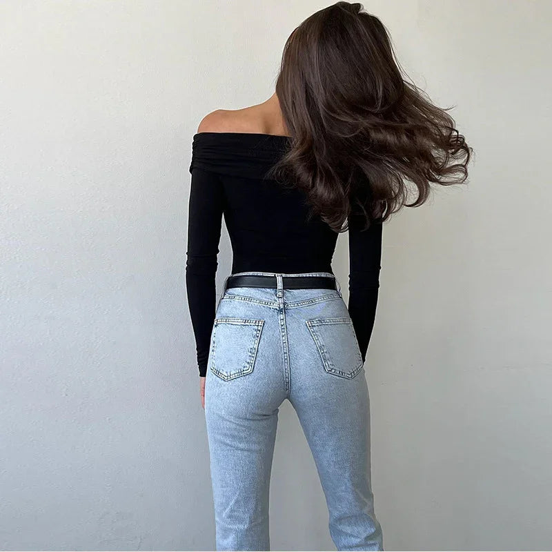 Co-op City Sexy off the Shoulder Long Sleeve Cross Pleated Slim High Waist Top