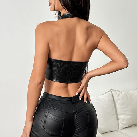 Sexy Low Cut Solid  Halter Lace up Leather
