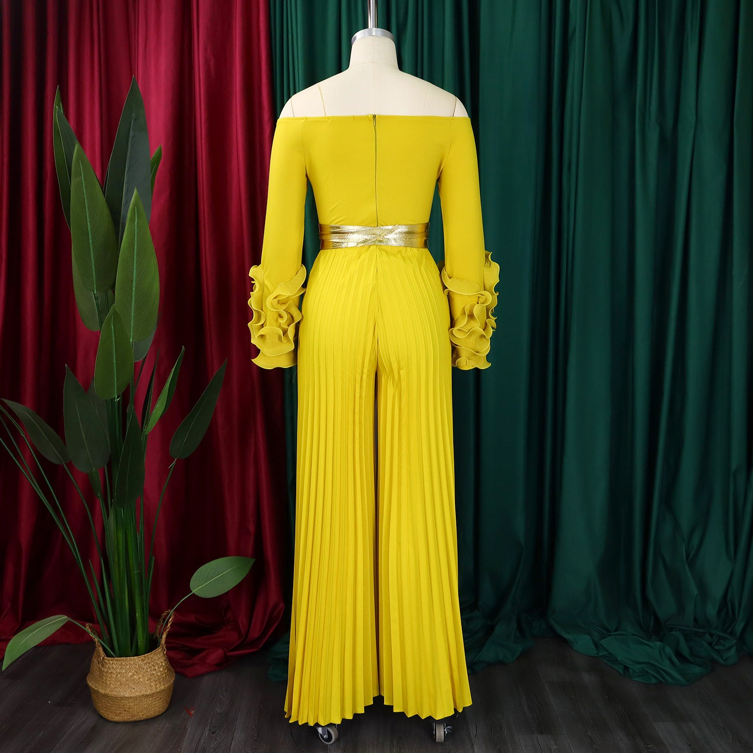 Off Neck Ruffle Sleeve Solid Color Pleated Wide Leg Jumpsuit