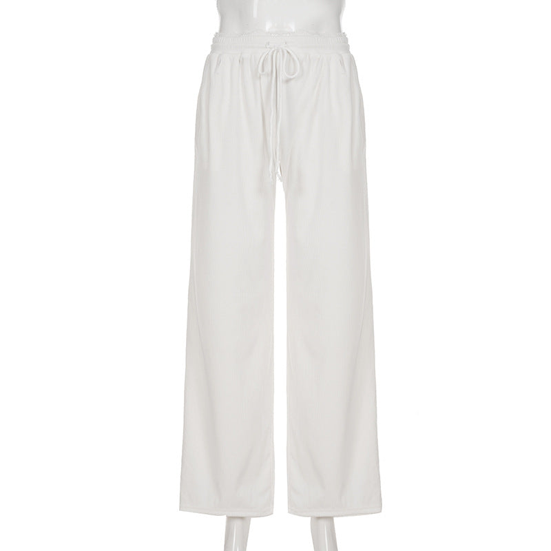 Casual Loose Fitting Wide Leg Trousers Corduroy Lace Straight Leg Pants Women Autumn Winter Slimming High Waist Solid Color Trousers