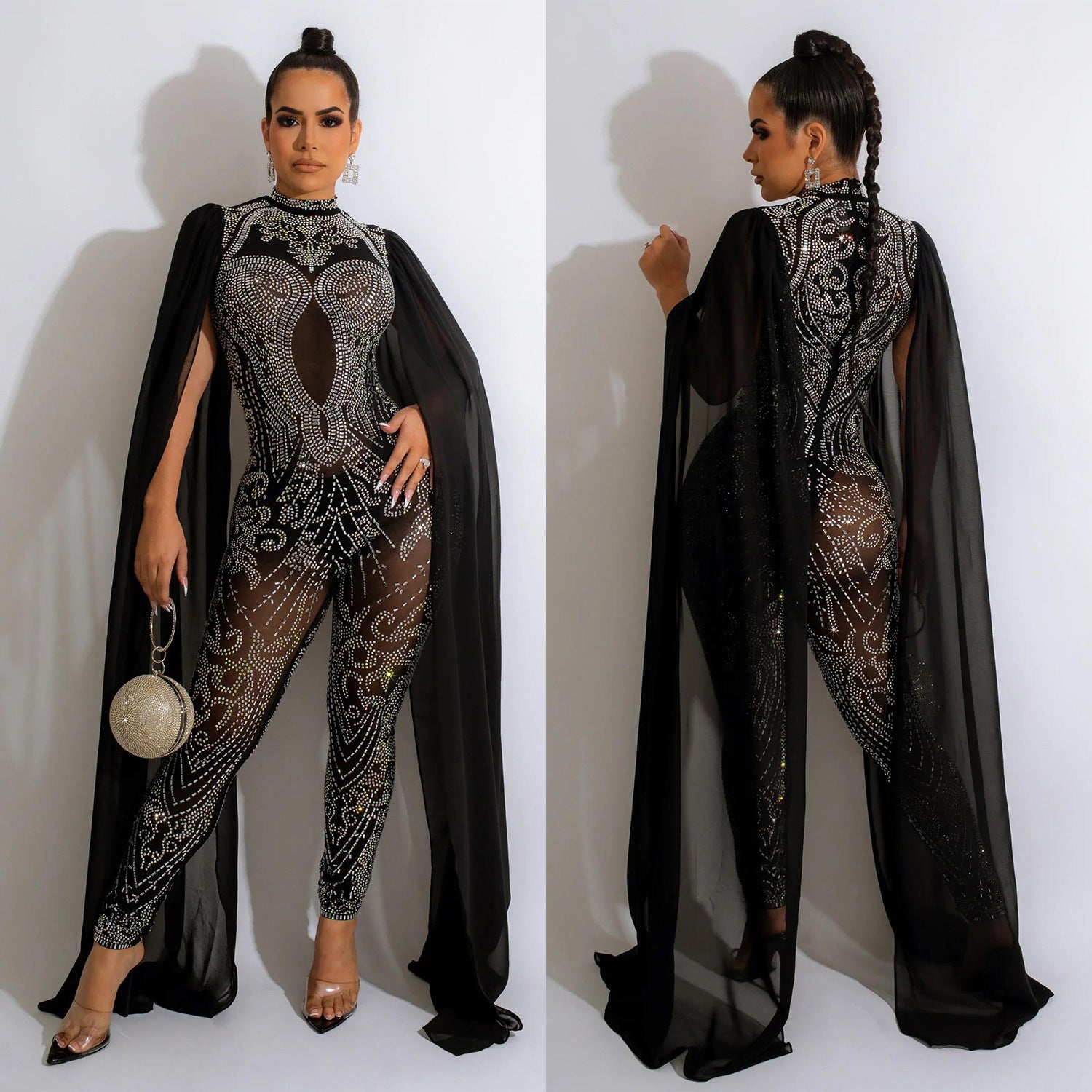 Autumn Winter Women Clothing Sexy Mesh Rhinestone See through Nightclub Jumpsuit Women