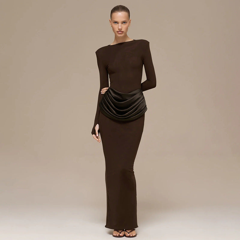 Berlin Elegant Lady Slim Fit Long Sleeve Pleated Sheath Maxi Dress