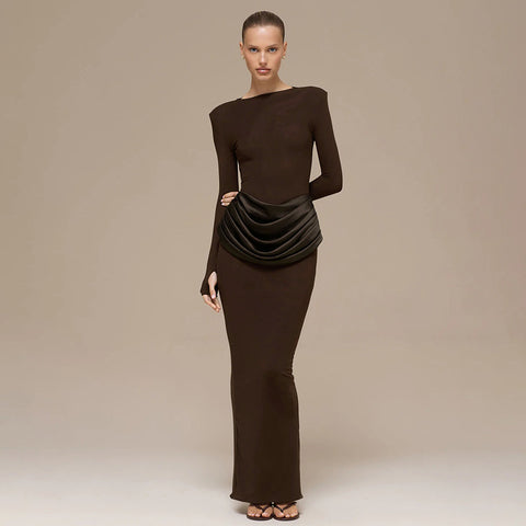 Berlin Elegant Lady Slim Fit Long Sleeve Pleated Sheath Maxi Dress
