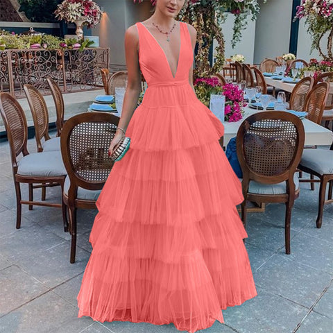 El Salvador Net Yarn Cake V neck Brace Evening Dress