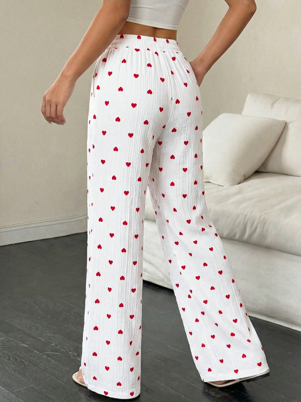 Women Long Pants Straight Lace up Love Pattern Casual Wide Leg Pants Summer
