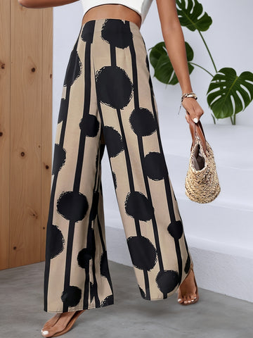 Women Summer Bohemian Printed Wide Leg Pants Loose High Waist Beach Trousers