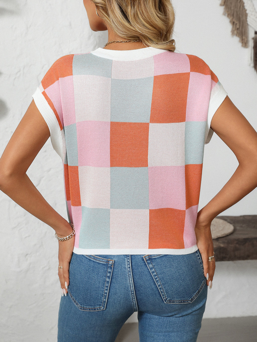Summer Sleeve Block round Neck Plaid