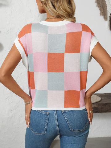 Summer Sleeve Block round Neck Plaid