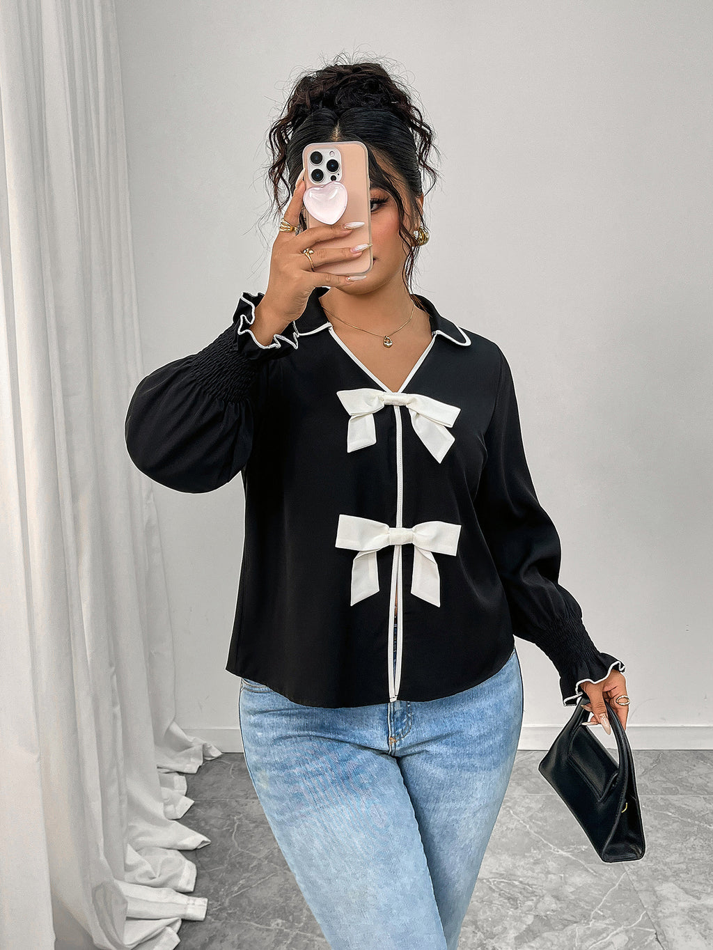 Chanel Coat Polo Collar Black Short Coat Bow Top