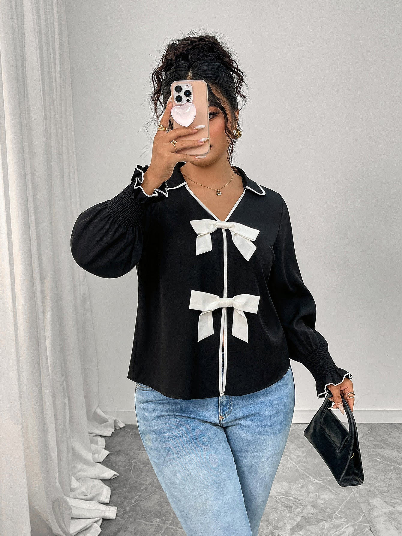 Chanel Coat Polo Collar Black Short Coat Bow Top