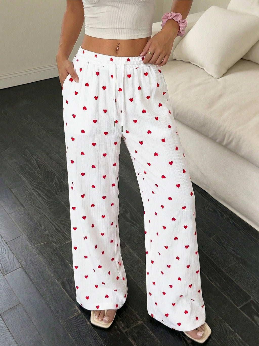 Women Long Pants Straight Lace up Love Pattern Casual Wide Leg Pants Summer