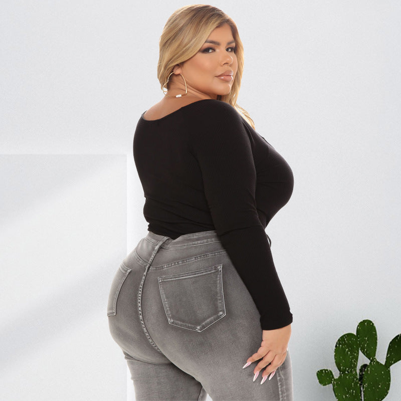 Plus Size Women Clothing Autumn Sping U Collar Breasted Long Sleeve Sexy Jumpsuit