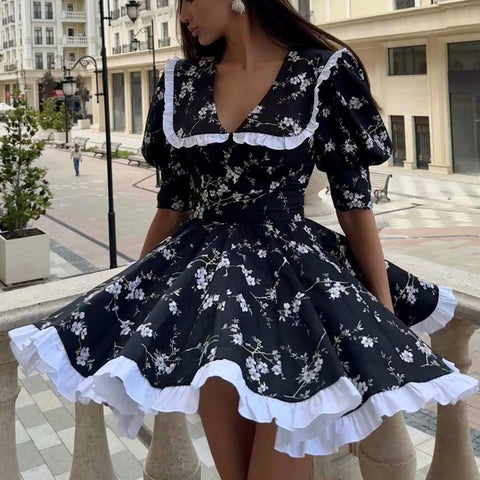 Agora Digital Printed Collar Puff Sleeve High Waist Contrast Color A line Dress