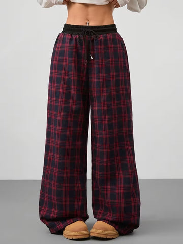 Autumn Winter Retro Loose Plaid Mid Waist Lace up Casual Wide Leg Pants