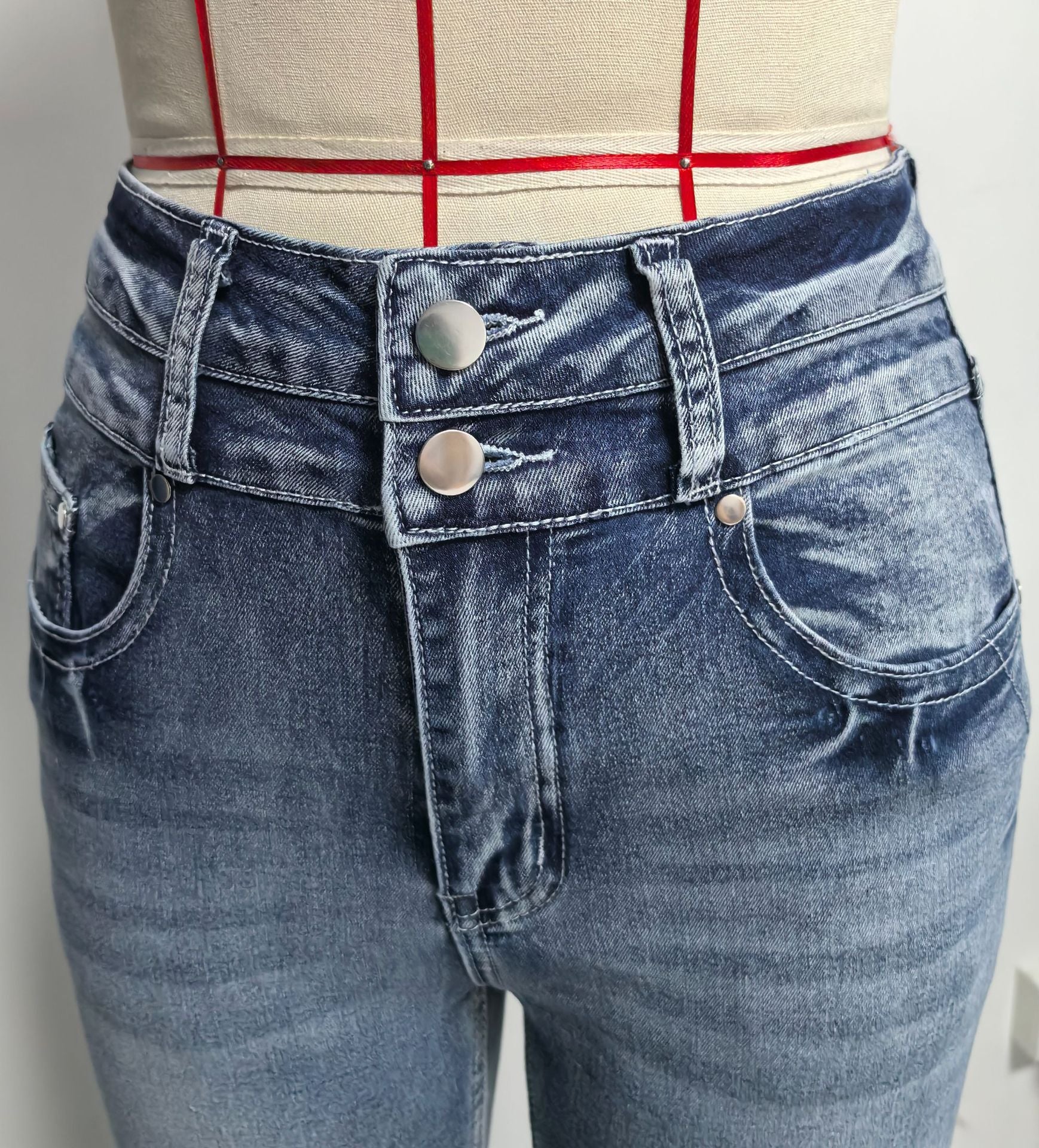 Spring Summer Back Pocket Embroidered Jeans Double Button Slimming Stretch Denim Trousers