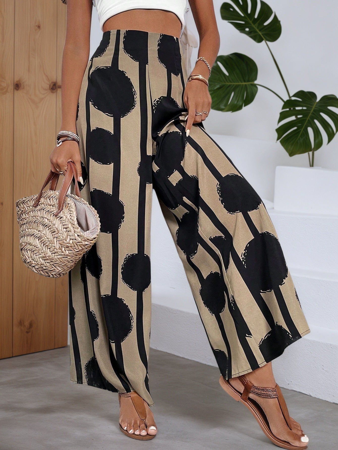 Women Summer Bohemian Printed Wide Leg Pants Loose High Waist Beach Trousers
