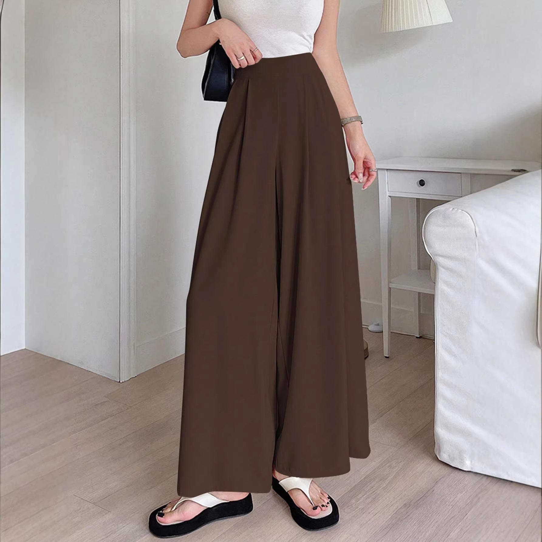 Retro Easy Matching Brown Coffee Color Draping Wide Leg Pants Office High Waist Petite Slimming Women Casual Pants