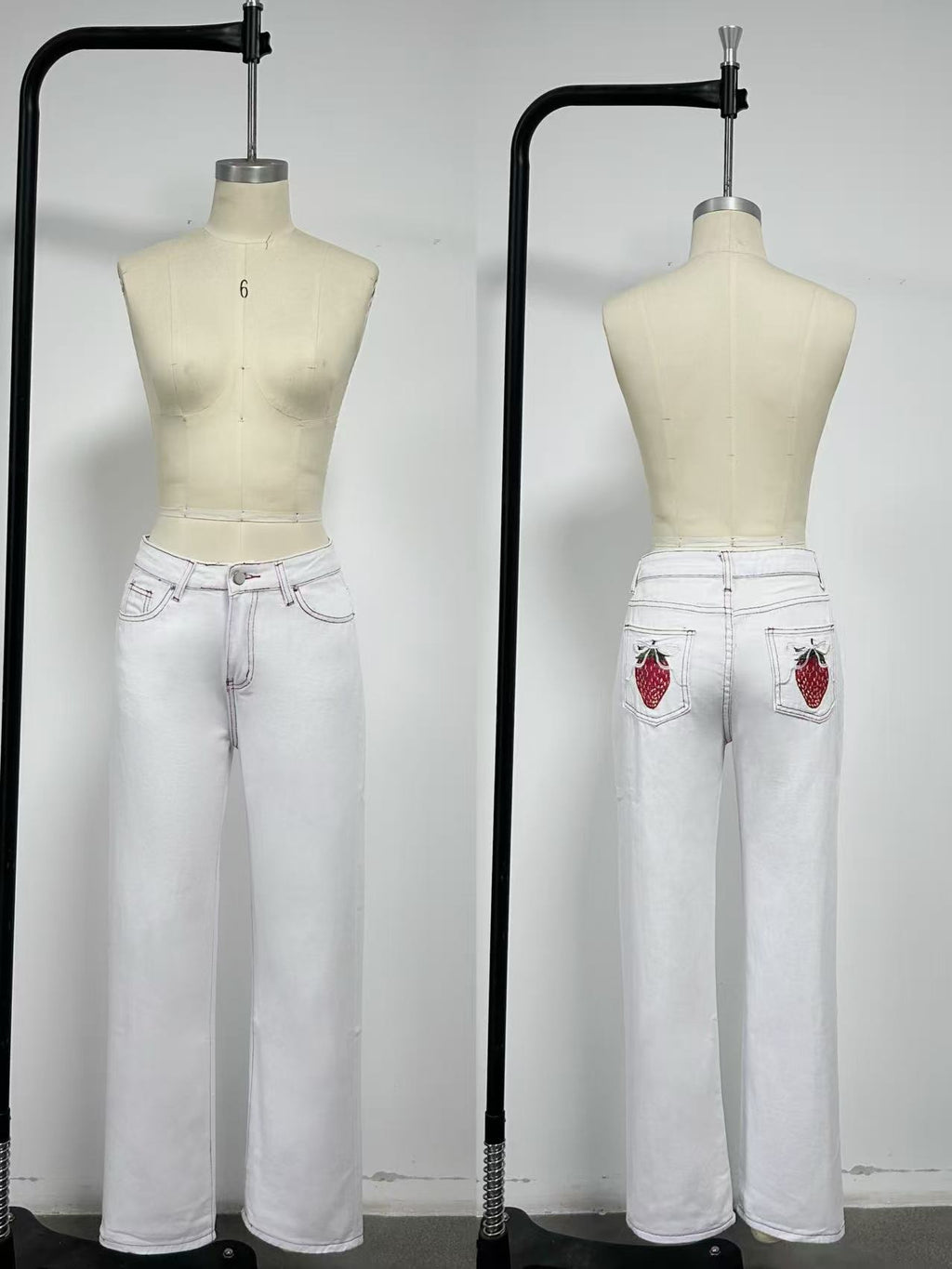 White Bow Strawberry Cute Patch Straight Low Waist Loose Fitting Women Jeans