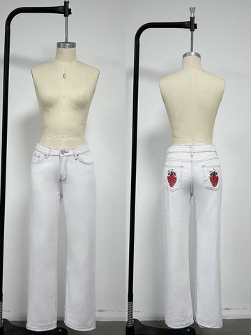 White Bow Strawberry Cute Patch Straight Low Waist Loose Fitting Women Jeans