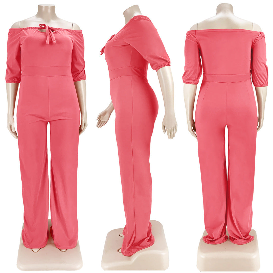Plus Size Solid Color off-Shoulder Strap Wide-Leg Jumpsuit Women