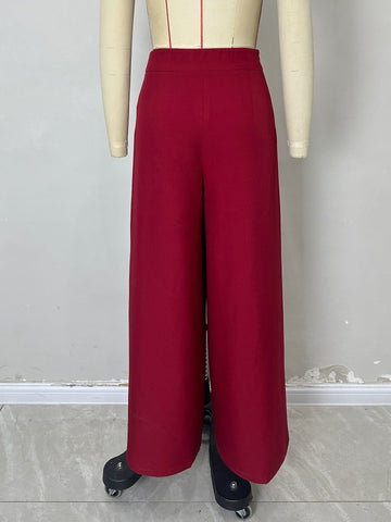Solid Color High Waist Ruched Waist Slimming Design Waist Pantskirt Flab Hiding Modified Leg Wide Leg Pants